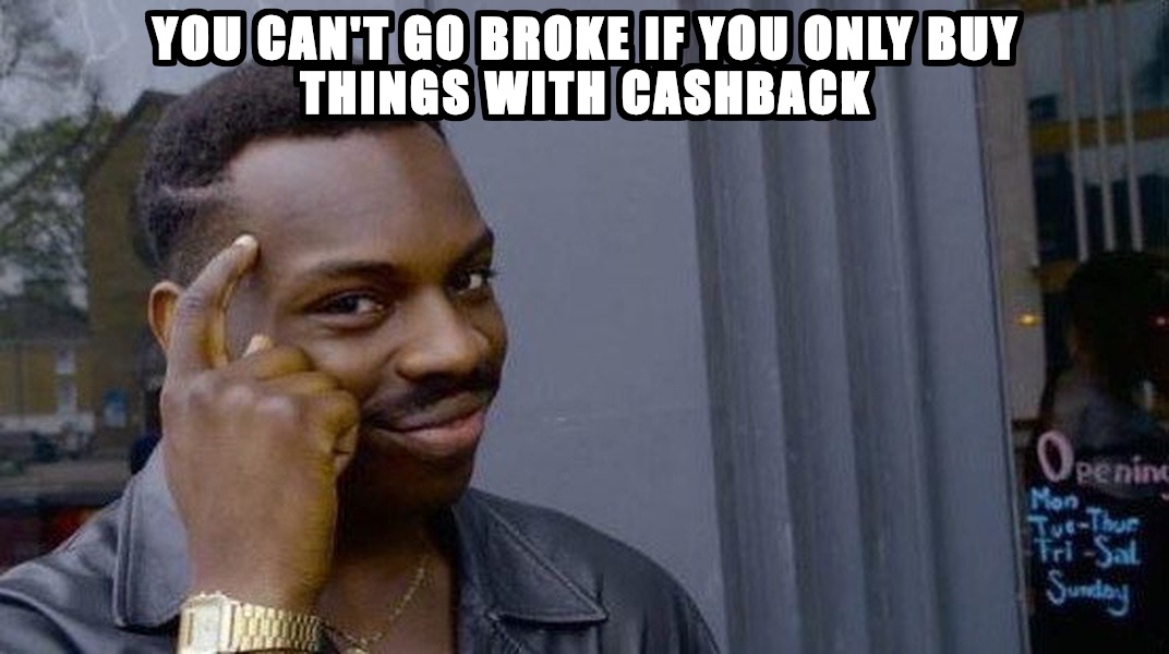 AI-generated meme: banking app cashback (Roll Safe)
