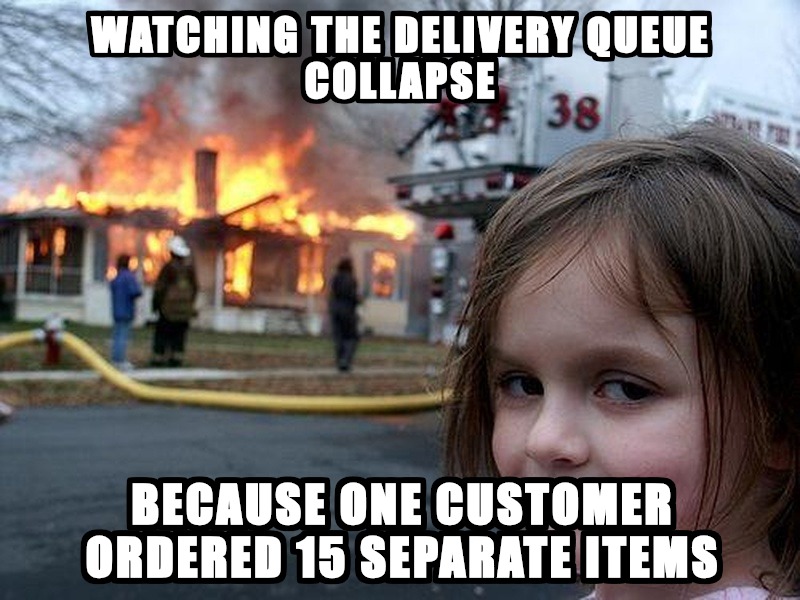 AI-generated meme: food delivery lunch rush (Disaster Girl)